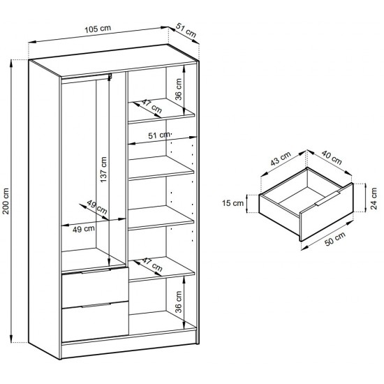 Шафа для одягу Неллі / Nelly 2D 2-дверна Дуб артизан/чорний 105х51х200 см. 3