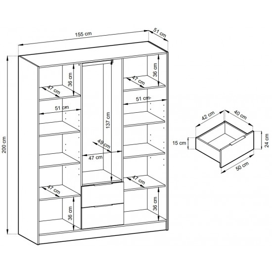 Шафа для одягу Неллі / Nelly 3D 3-дверна Дуб артизан/чорний 155х51х200 см. 3