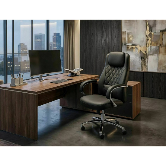 Кресло офисное компьютерное поворотное Q-07 Черная экокожа / Хром каркас 4