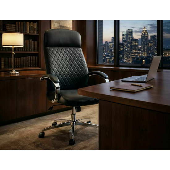 Кресло офисное компьютерное поворотное Q-09 Черная экокожа / Хром каркас 4