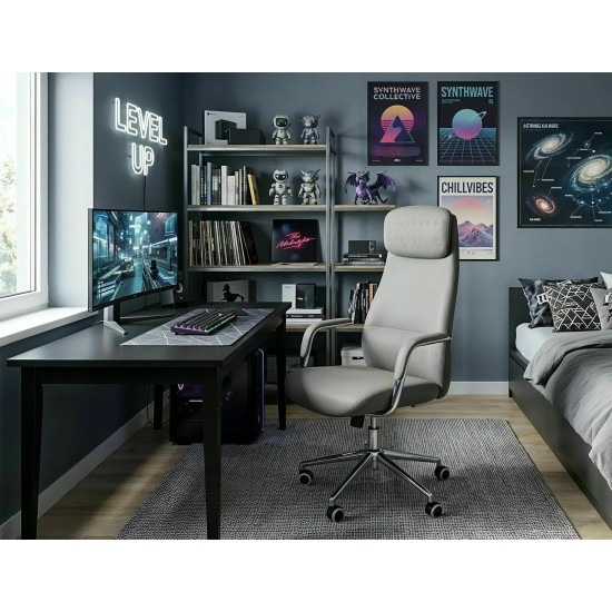 Кресло офисное компьютерное поворотное Q-05 Серая экокожа / Хром каркас 3