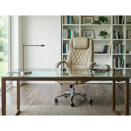 Кресло офисное компьютерное поворотное Q-07 Бежевая экокожа / Хром каркас 11