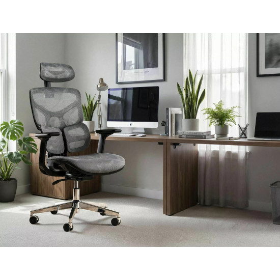 Кресло офисное компьютерное поворотное Eq-1 Серая сетка / Хром каркас 8