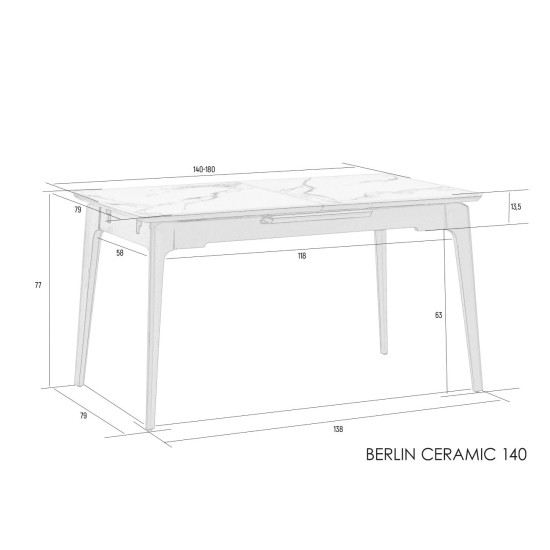 Стол обеденный раскладной BERLIN CERAMIC 140(180)*80 серый мат керамика/черный каркас 8