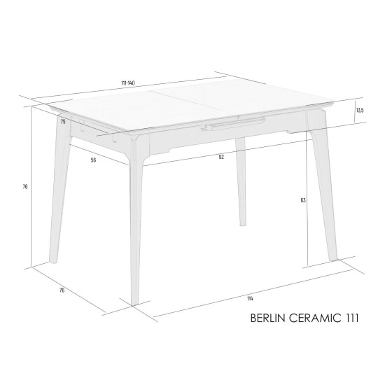 Стол обеденный раскладной BERLIN CERAMIC 111(140)*75 белый глянец / черный каркас 5