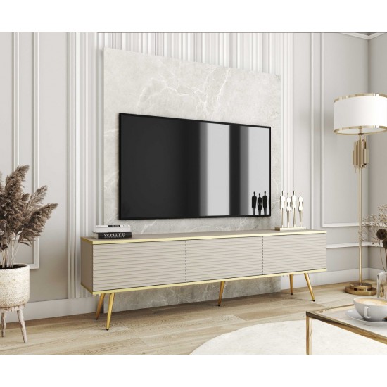 Тумба под телевизор Оро/Oro 3-дверная с золотыми ножками RTV175 MDF Бежевый Ш175xВ53 см. 3