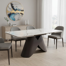 Обеденный раскладной стол AGNES CERAMIC 160(240)*90 белый позолоченный мат/коричневый