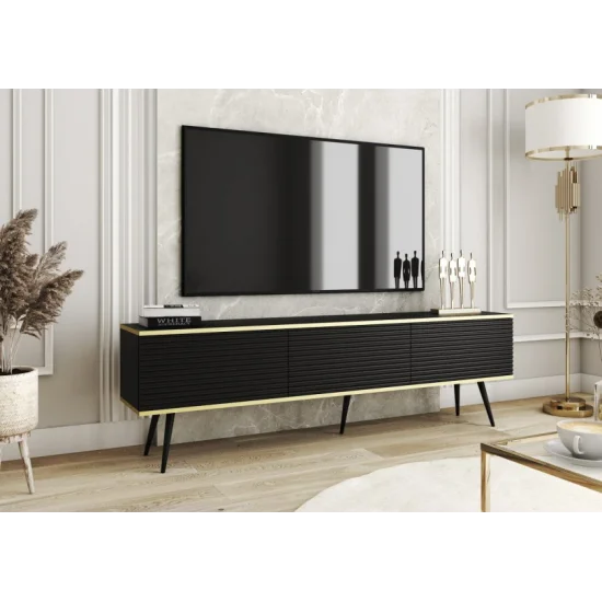 Тумба под телевизор Оро/Oro 3-дверная с черными ножками RTV175 MDF Черный Ш175xВ53 см. 1