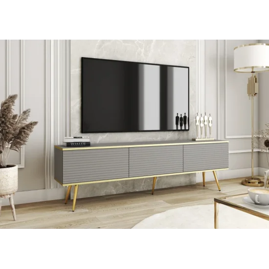 Тумба під телевізор Оро / Oro 3-дверна з золотими ніжками RTV175 MDF Сірий Ш175xВ53 см. 1
