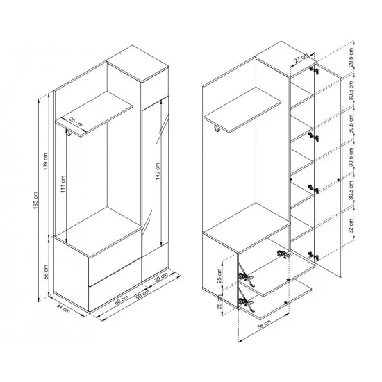 Передпокій з дзеркалом Грін / Green 3-дверний Білий 90х195х34 см. 2