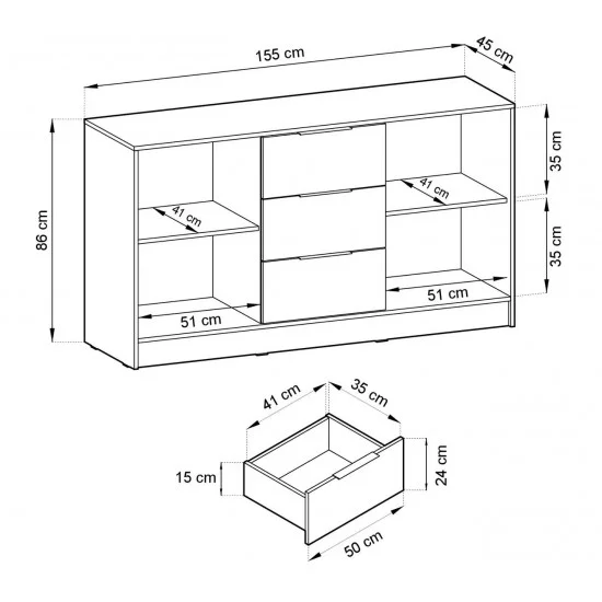 Комод Неллі / Nelly 3D 2-дверний з 3 шухлядами Сірий/дуб артизан 155х45х86 см. 4