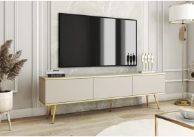 Тумба под телевизор Оро/Oro 3-дверная с золотыми ножками RTV175 Бежевый Ш175xВ53 см.