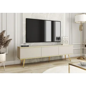 Тумба под телевизор Оро/Oro 3-дверная с золотыми ножками RTV175 Бежевый Ш175xВ53 см.