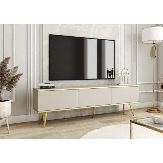 Тумба под телевизор Оро/Oro 3-дверная с золотыми ножками RTV175 Бежевый Ш175xВ53 см. 1