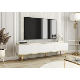 Тумба под телевизор Оро/Oro 3-дверная с золотыми ножками RTV175 Белый Ш175xВ53 см.