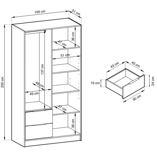 Шафа для одягу Неллі / Nelly 2D 2-дверна Графіт/дуб артизан 105х51х200 см. 3
