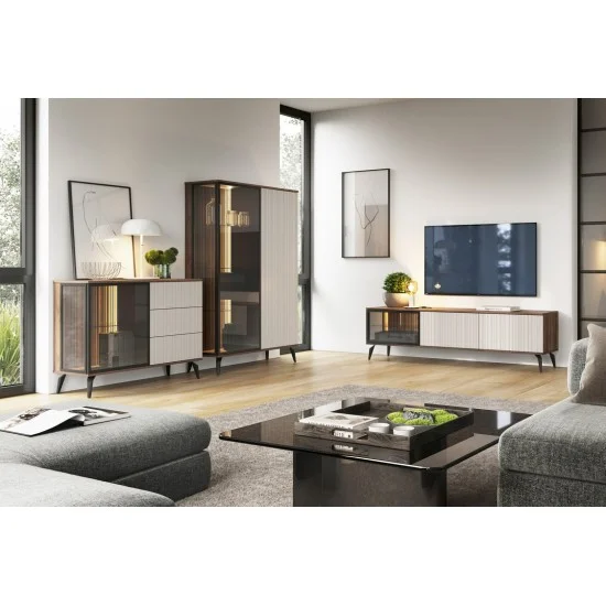 Тумба под ТВ с подсветкой Вичи / Vici RTV180 3-дверная 39х50х180 см. Орех/кашемир  6