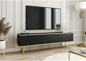Тумба под телевизор Оро/Oro 3-дверная с золотыми ножками RTV175 Черный Ш175xВ53 см.