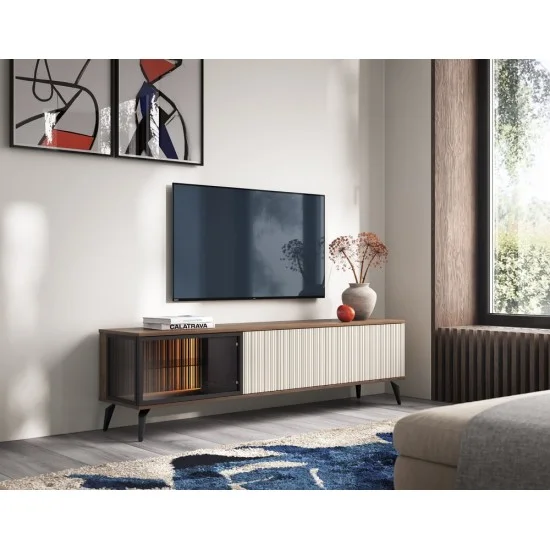 Тумба под ТВ с подсветкой Вичи / Vici RTV180 3-дверная 39х50х180 см. Орех/кашемир  7