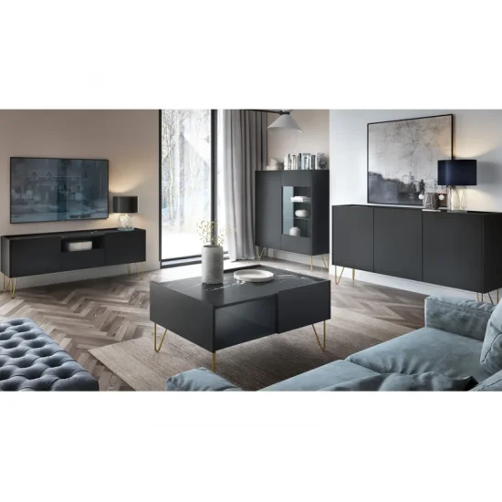 Витрина Гармони/Harmony 2-дверная с золотыми ножками WT97 Черный/черный мрамор роял Ш-97xВ-122 см. 5