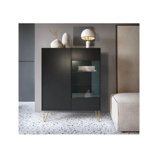 Витрина Гармони/Harmony 2-дверная с золотыми ножками WT97 Черный/черный мрамор роял Ш-97xВ-122 см. 6