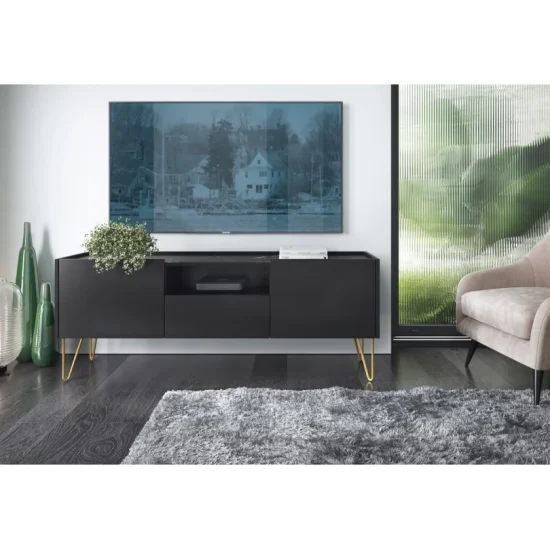 Тумба под телевизор Гармония/Harmony 1-дверная с 2 ящиками и золотыми ножками RTV144 Черный/черный мрамор роял Ш144xВ55 см. 6