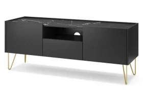 Тумба под телевизор Гармония/Harmony 1-дверная с 2 ящиками и золотыми ножками RTV144 Черный/черный мрамор роял Ш144xВ55 см.