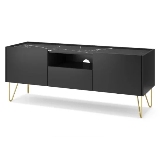 Тумба под телевизор Гармония/Harmony 1-дверная с 2 ящиками и золотыми ножками RTV144 Черный/черный мрамор роял Ш144xВ55 см. 1