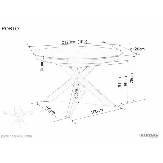 Стіл обідній кухонний розкладний Porto Ceramic (120–160)×120 см Кераміка Білий / Чорний каркас 7