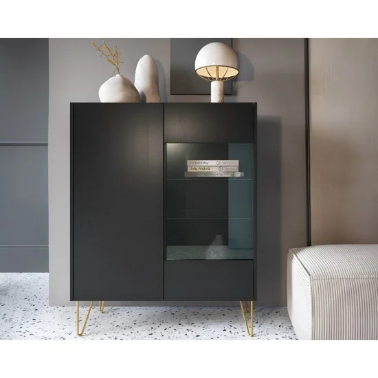 Витрина Гармони/Harmony 2-дверная с золотыми ножками WT97 Черный/черный мрамор роял Ш-97xВ-122 см. 7