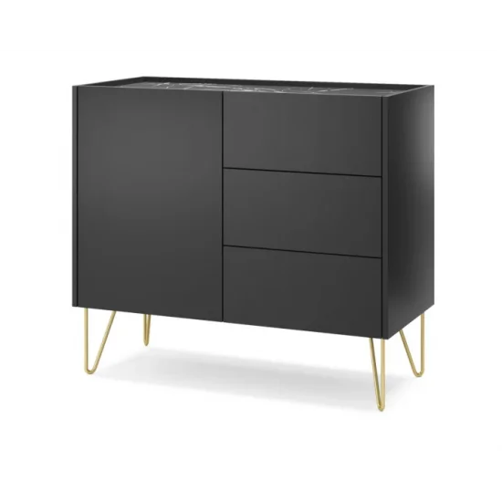 Комод Гармония/Harmony 1-дверный с 3 ящиками и золотыми ножками KSZ97 Черный/черный мрамор роял Ш97xВ83 см. 1