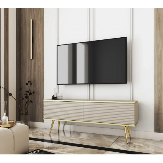 Тумба под телевизор Оро/Oro 2-дверная с золотыми ножками RTV135 MDF Бежевый Ш135xВ53 см. 3