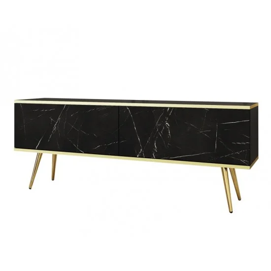 Тумба под телевизор Оро/Oro 2-дверная с золотыми ножками RTV135 Черный мрамор роял Ш135xВ53 см. 1
