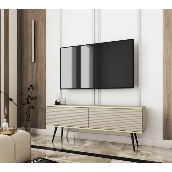 Тумба под телевизор Оро/Oro 2-дверная с черными ножками RTV135 MDF Бежевый Ш135xВ53 см. 3