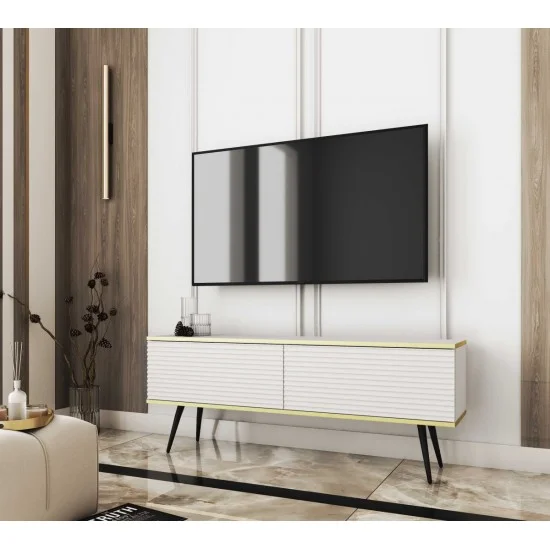 Тумба под телевизор Оро/Oro 2-дверная с черными ножками RTV135 MDF Белый Ш135xВ53 см. 3