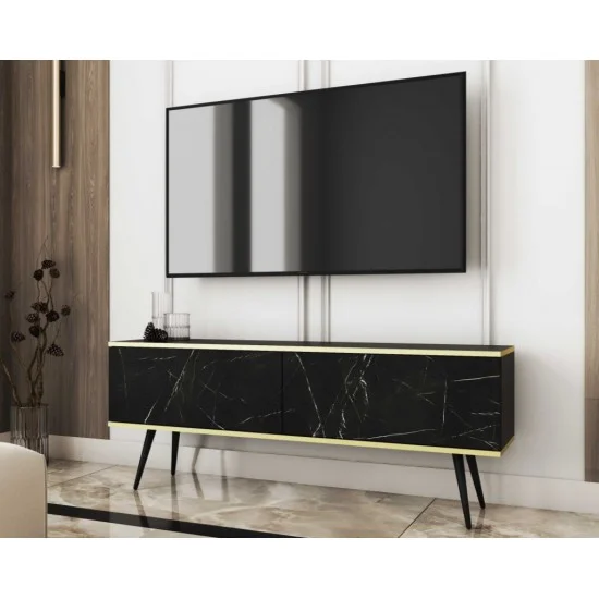 Тумба под телевизор Оро/Oro 2-дверная с черными ножками RTV135 Черный мрамор роял Ш135xВ53 см. 1