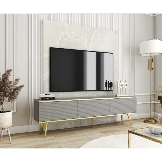 Тумба під телевізор Оро / Oro 3-дверна з золотими ніжками RTV175 MDF Сірий Ш175xВ53 см. 4