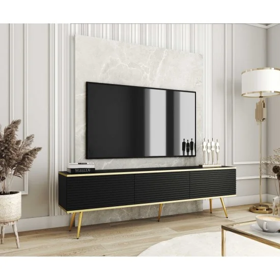 Тумба під телевізор Оро / Oro 3-дверна з золотими ніжками RTV175 MDF Чорний Ш175xВ53 см. 4