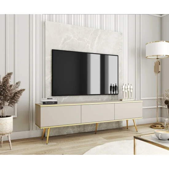Тумба под телевизор Оро/Oro 3-дверная с золотыми ножками RTV175 Бежевый Ш175xВ53 см. 4