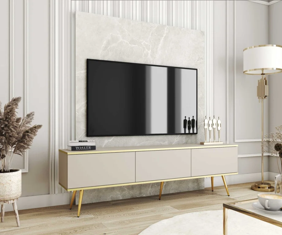 Тумба под телевизор Оро/Oro 3-дверная с золотыми ножками RTV175