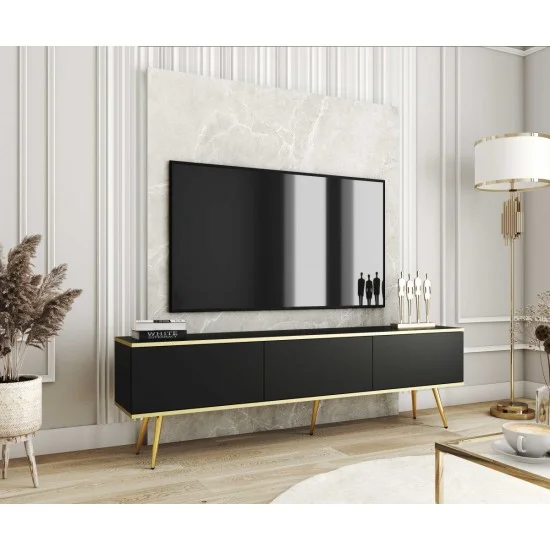 Тумба под телевизор Оро/Oro 3-дверная с золотыми ножками RTV175 Черный Ш175xВ53 см. 3