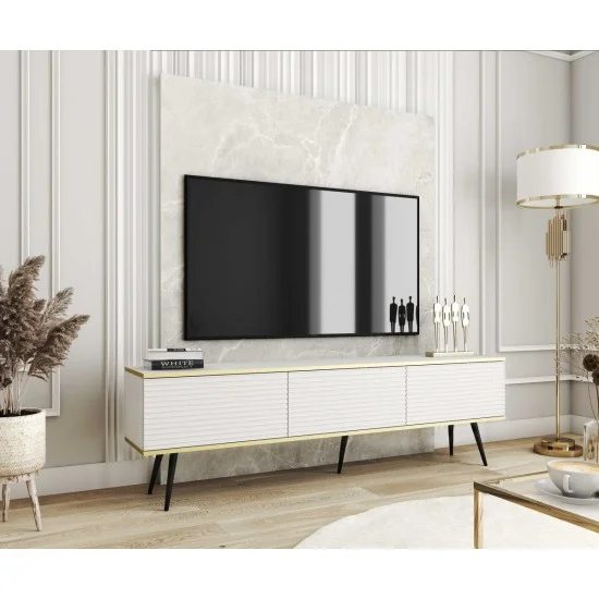 Тумба под телевизор Оро/Oro 3-дверная с черными ножками RTV175 MDF Белый Ш175xВ53 см. 3