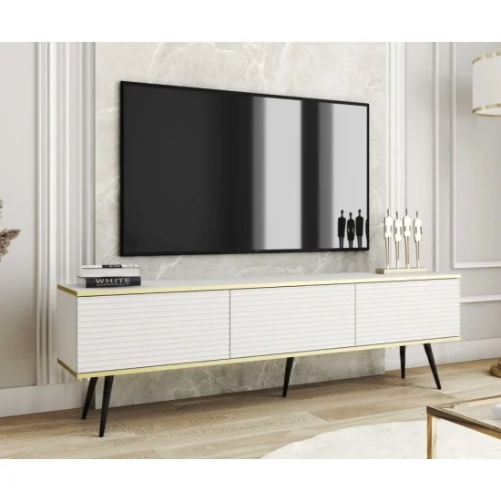 Тумба под телевизор Оро/Oro 3-дверная с черными ножками RTV175 MDF Белый Ш175xВ53 см. 1