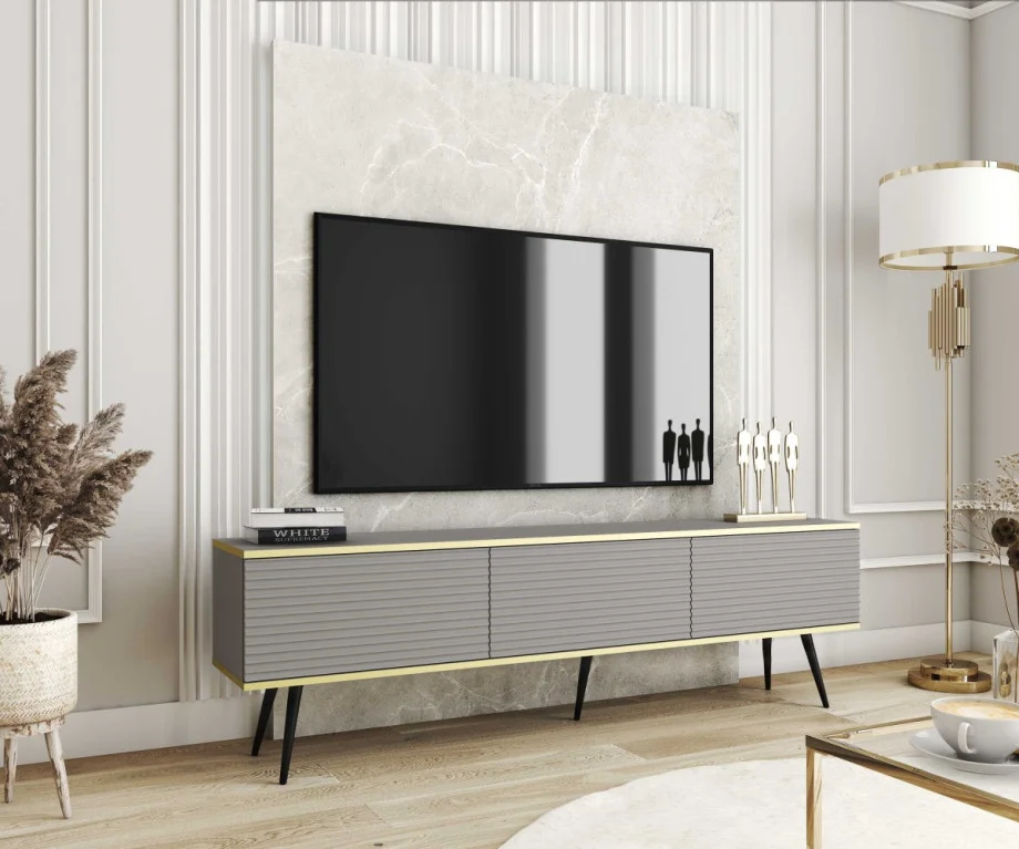 Тумба под телевизор Оро/Oro 3-дверная с черными ножками RTV175 MDF