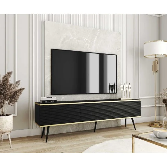 Тумба под телевизор Оро/Oro 3-дверная с черными ножками RTV175 MDF Черный Ш175xВ53 см. 3