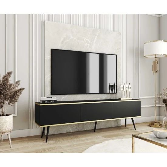 Тумба под телевизор Оро/Oro 3-дверная с черными ножками RTV175 Черный Ш175xВ53 см. 3