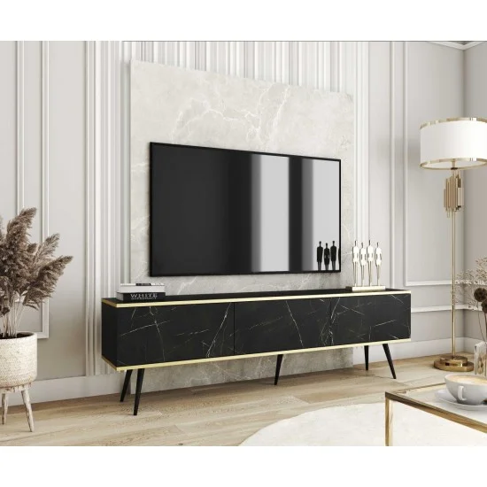 Тумба под телевизор Оро/Oro 3-дверная с черными ножками RTV175 Черный мрамор роял Ш175xВ53 см. 3