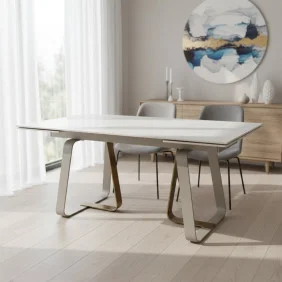 Стіл обідній розкладний BIANCO LUXE CERAMIC 160(240)*90 білий мат/білий+золото