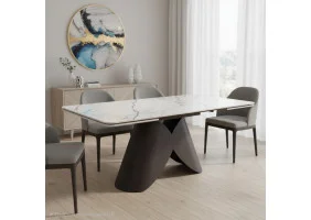 Обеденный раскладной стол AGNES CERAMIC 160(240)*90 белый позолоченный мат/коричневый