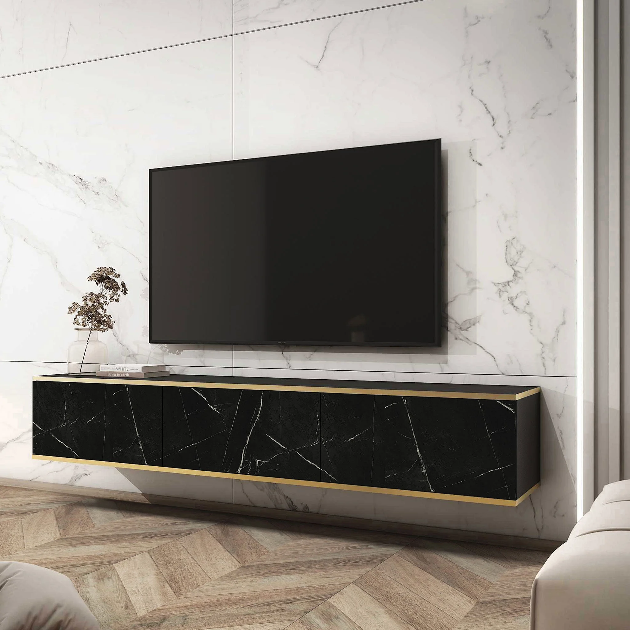 Тумба под телевизор навесная Оро/Oro 3-дверная RTV175 MDF Черный